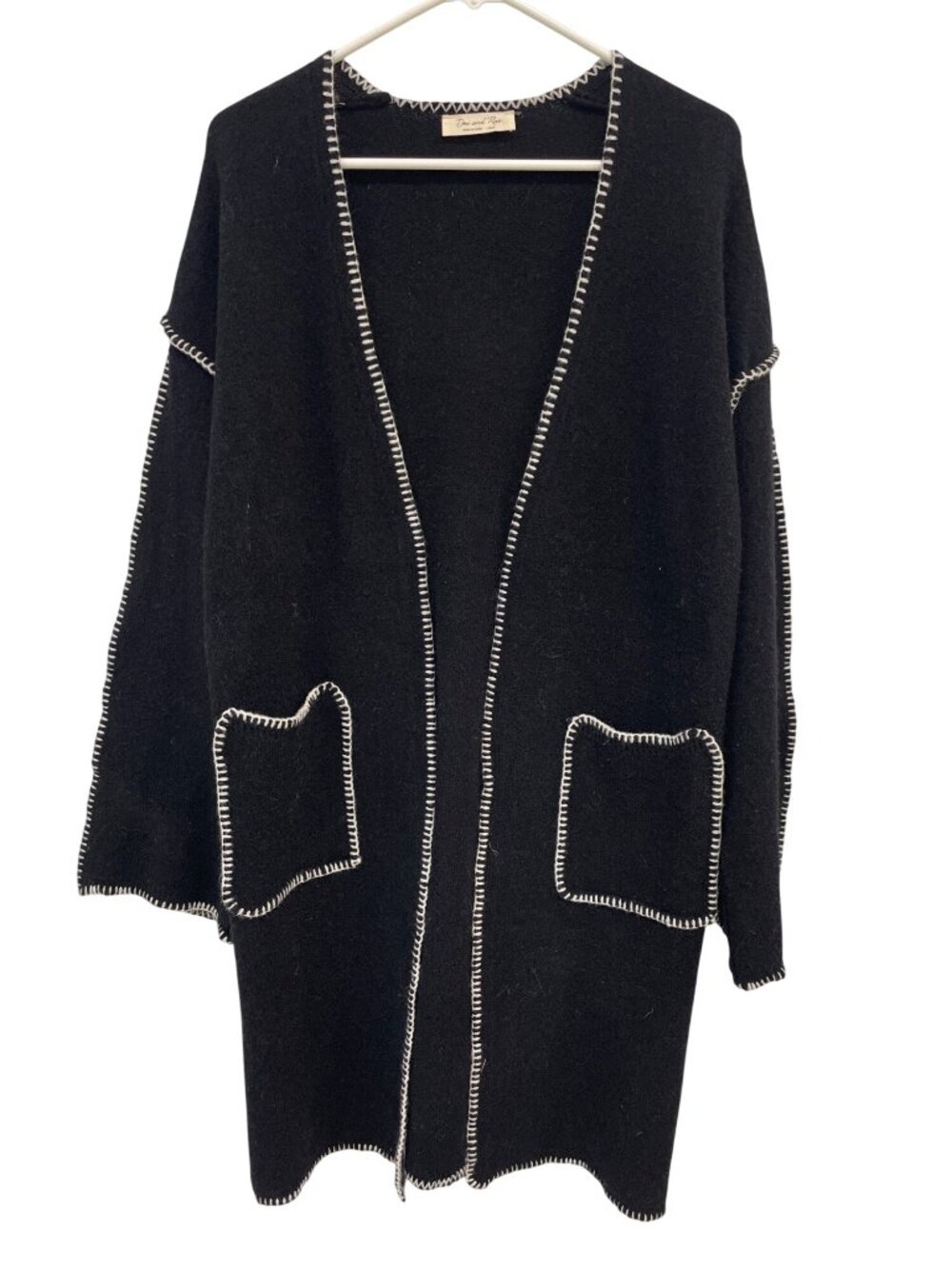 Doe And Rae Cardigan Duster Large Open Front Long Sleeve Contrast Stitch Black